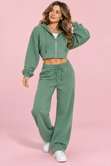 Cropped hoodie-set met rits in saliegroen