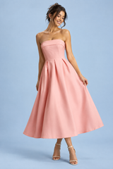 Roze bandeau midi-jurk met skaterrok