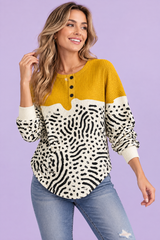 Mosterdkleurige top met print en wafelstructuur