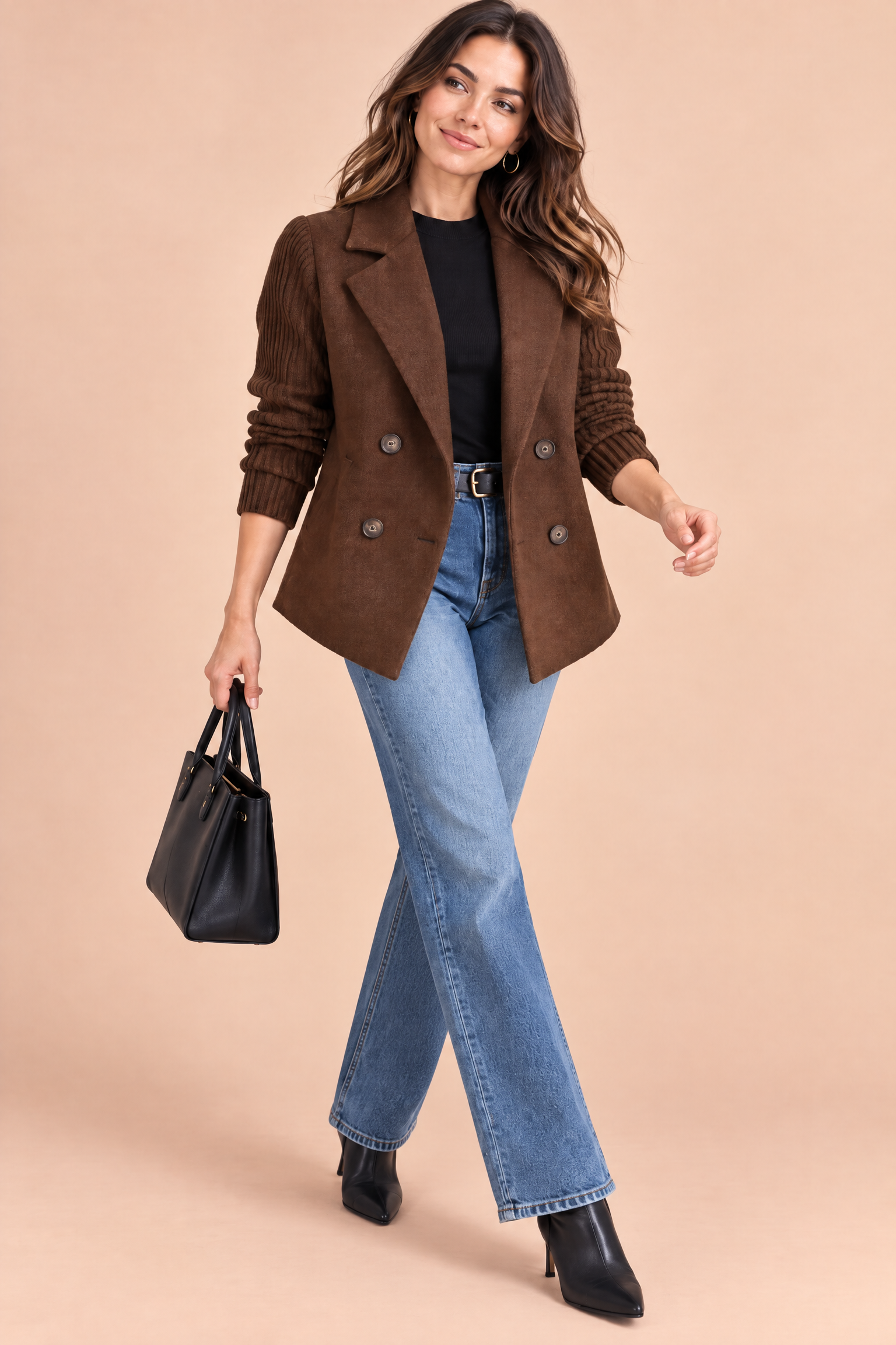 Blazer marron foncé croisé à revers | Vue en mouvement | Lounelle Paris