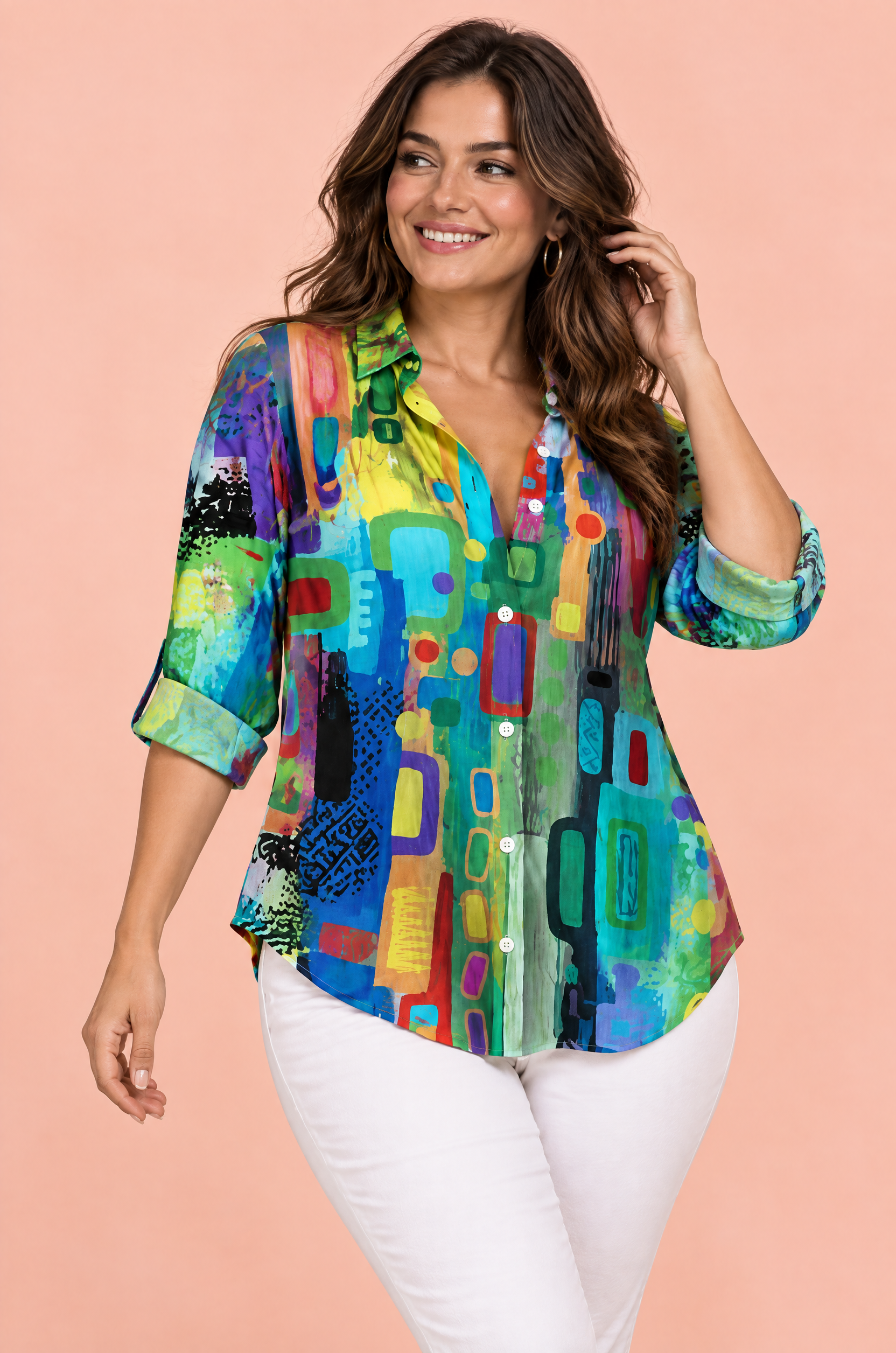 Chemise longue fleurie verte à col | Porté sur une autre silhouette | Lounelle Paris