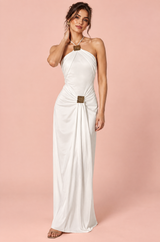Witte maxi-jurk met halternek en rimpeldetails