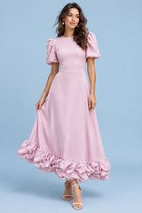 Roze maxi-jurk met pofmouwen en ruches