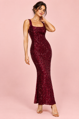 Bordeauxrode maxi-jurk met pailletten