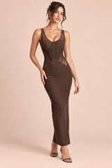 Bruine maxi-jurk met corsetpanelen