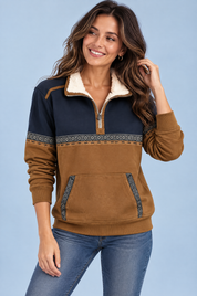 Pull marron à empiècements contrastés et demi-zip | Vue de face | Lounelle Paris