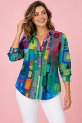 Petrol overhemd met geometrische print en knopen