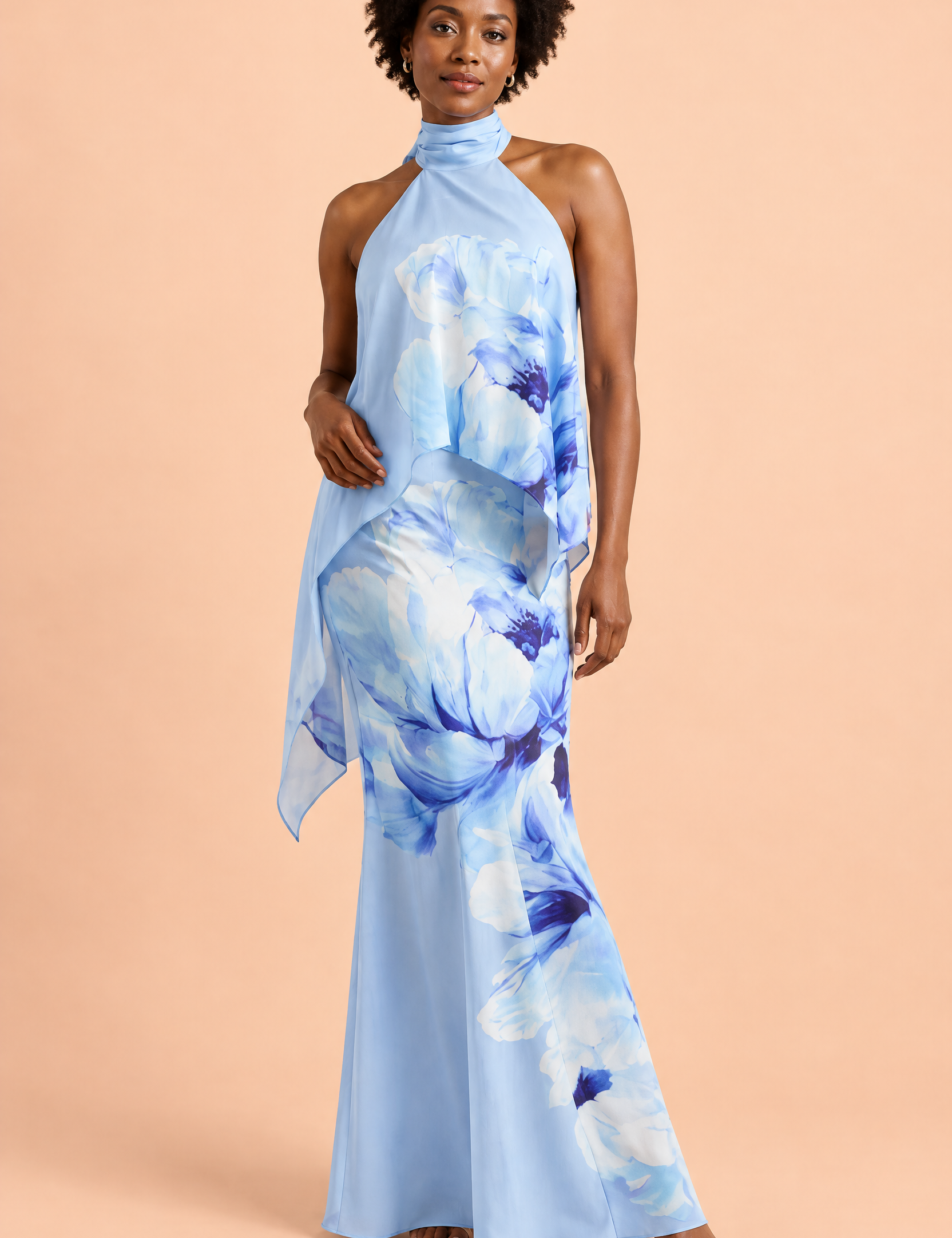 Jupe longue asymétrique bleue à imprimé floral en satin mat | Vue de face | Lounelle Paris