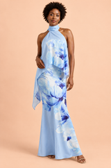 Blauwe asymmetrische maxi-jurk met bloemen