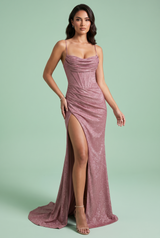 Rozenroze maxi-jurk met glitters en split