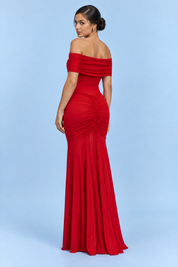 Robe longue rouge froncée à épaules dénudées | Vue de dos | Lounelle Paris