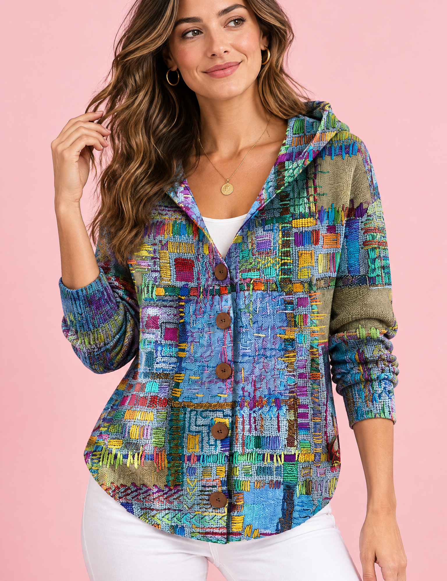 Gilet bleu à capuche boutonné | Vue de face | Lounelle Paris