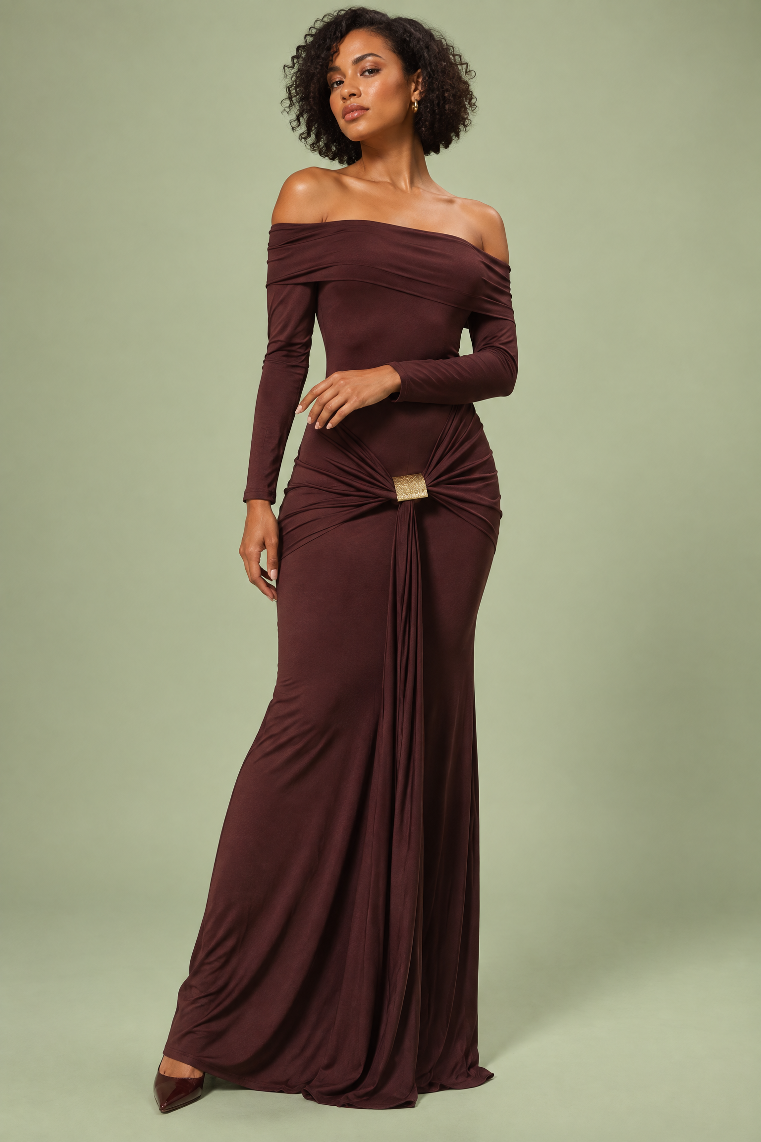 Robe longue bordeaux asymétrique à fronces et drapé | Vue de face | Lounelle Paris