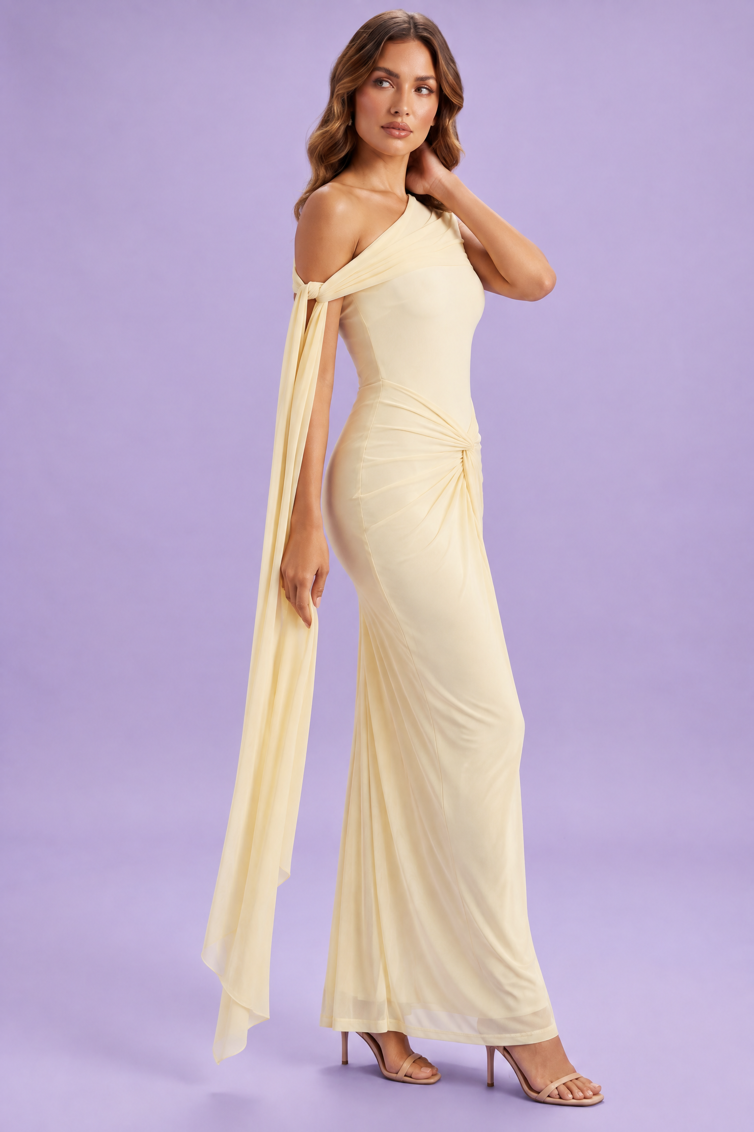 Robe longue moulante froncée asymétrique jaune | Vue de dos | Lounelle Paris