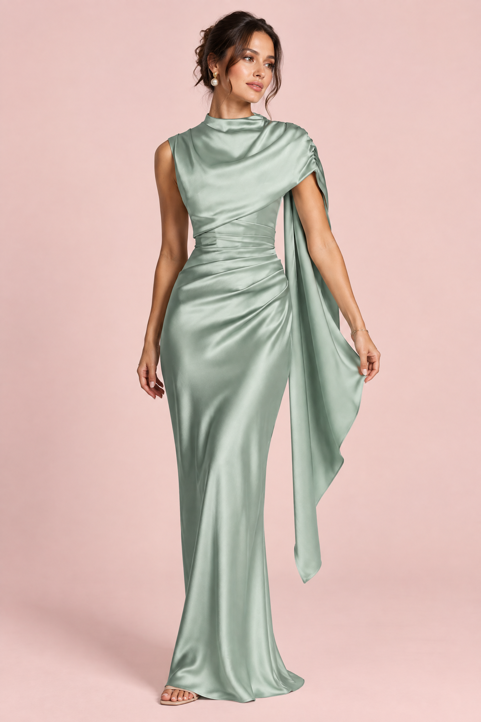 Robe longue en satin vert sauge à col bénitier | Vue de face | Lounelle Paris