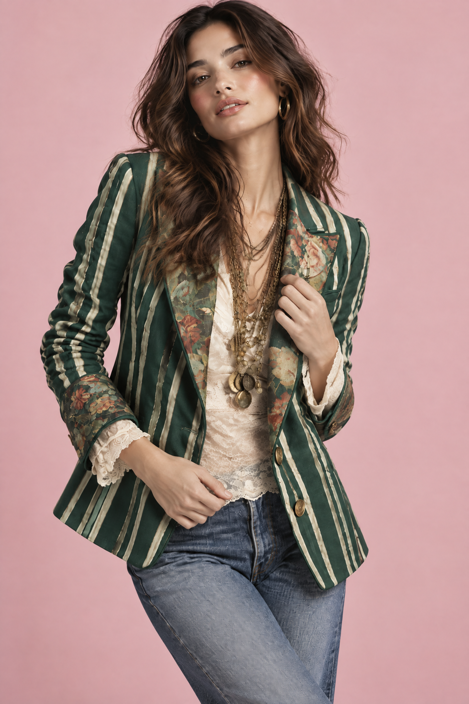 Blazer ajusté vert à fleurs et rayures | Vue rapprochée | Lounelle Paris