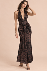 Bruine maxi-jurk met ruches en halterhals