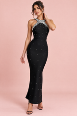 Lange zwarte jurk met halternek en strass