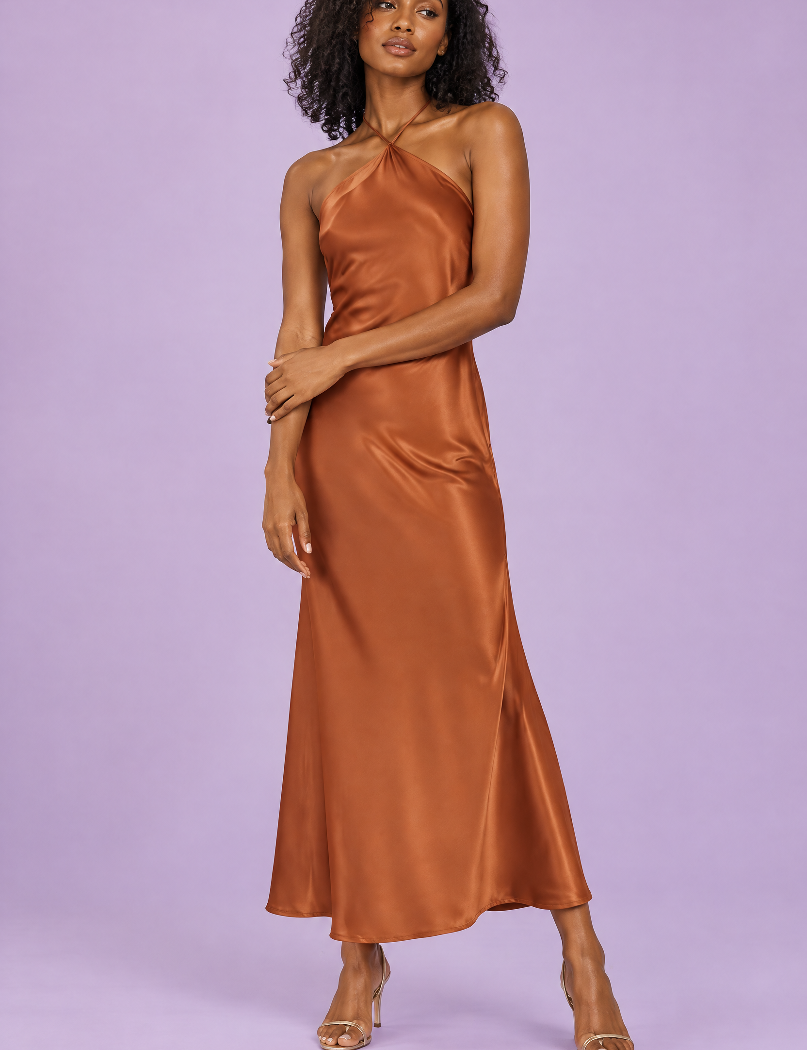 Robe longue marron torsadée à encolure américaine, effet cape | Vue de face | Lounelle Paris