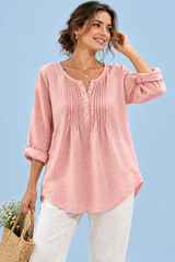 Roze katoenen blouse met ronde hals en plooien