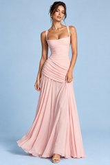 Roze gerimpelde maxi-jurk met vierkante hals