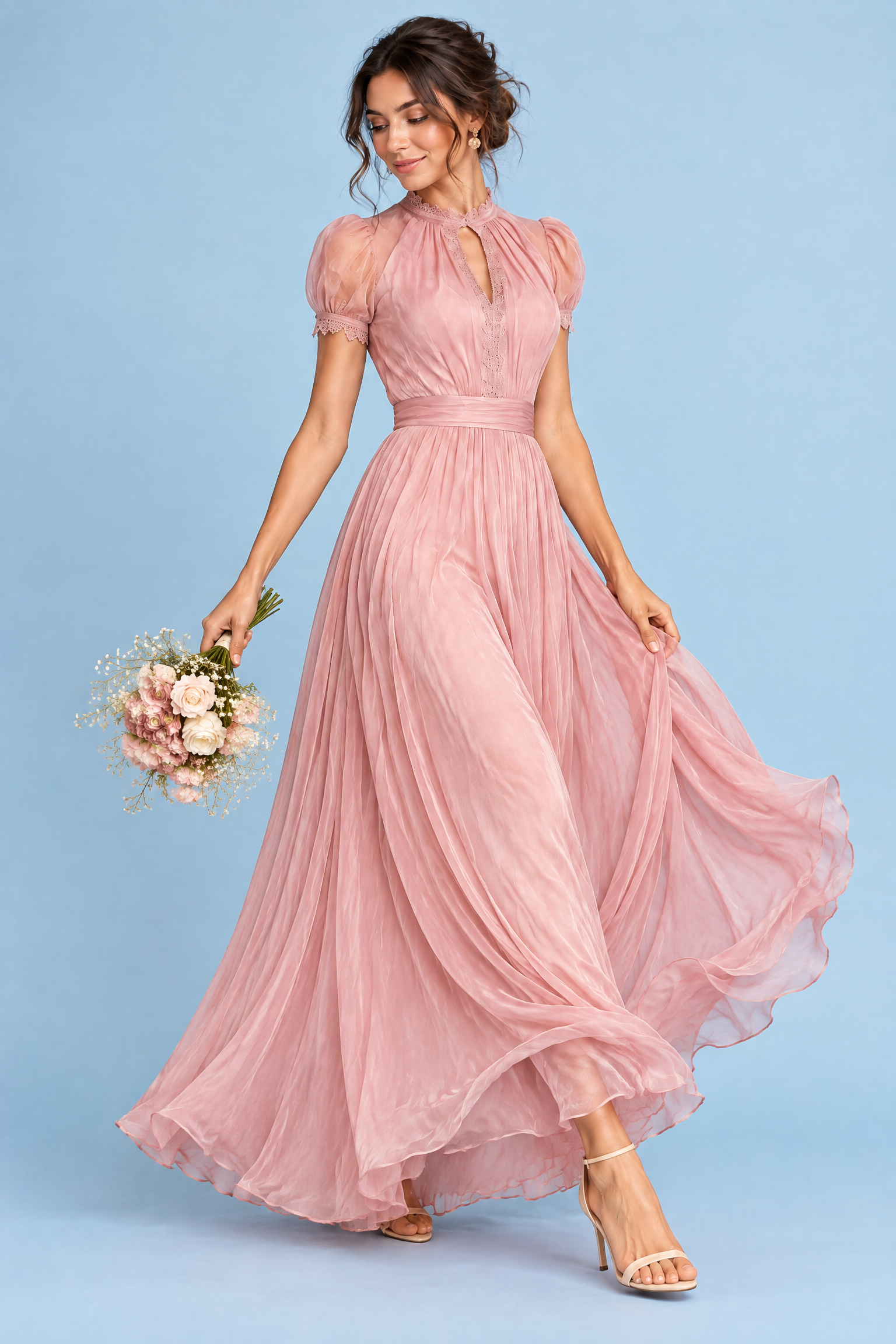 Robe longue rose à volants | Vue en mouvement | Lounelle Paris