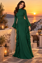 Robe longue verte à volants et manches cloche | Deuxième photo lifestyle | Lounelle Paris