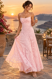 Robe longue fleurie rose à col bénitier | Deuxième photo lifestyle | Lounelle Paris