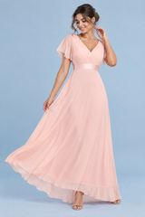 Roze geplooide maxi-jurk met V-hals