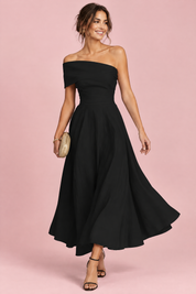 Robe asymétrique noire à épaules dénudées | Vue de face | Lounelle Paris