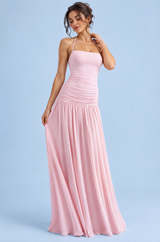 Roze maxi-jurk met vierkante hals en ruches