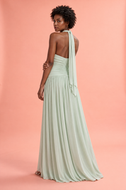 Robe longue vert clair à décolleté plongeant et fronces | Vue de dos | Lounelle Paris