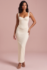 Ivoorkleurige kanten maxi-jurk met corsetlijfje