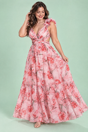Robe longue rose fleurie à volants | Porté sur une autre silhouette | Lounelle Paris