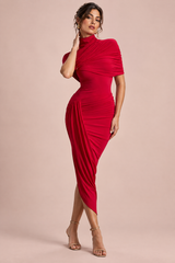 Rode asymmetrische midi-jurk met gedraaide cape