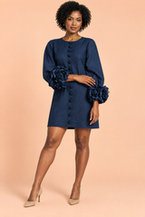 Navy shiftjurk met ruchesmouwen