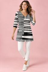 Gestreepte tuniek met V-hals - Wit