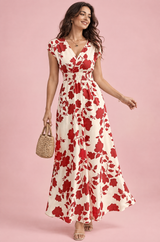 Gebroken witte maxi-jurk met bloemenprint en gesmockte taille