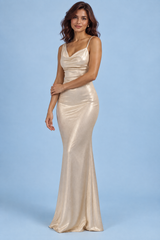 Beige schuin gesneden maxi-jurk met watervalhals