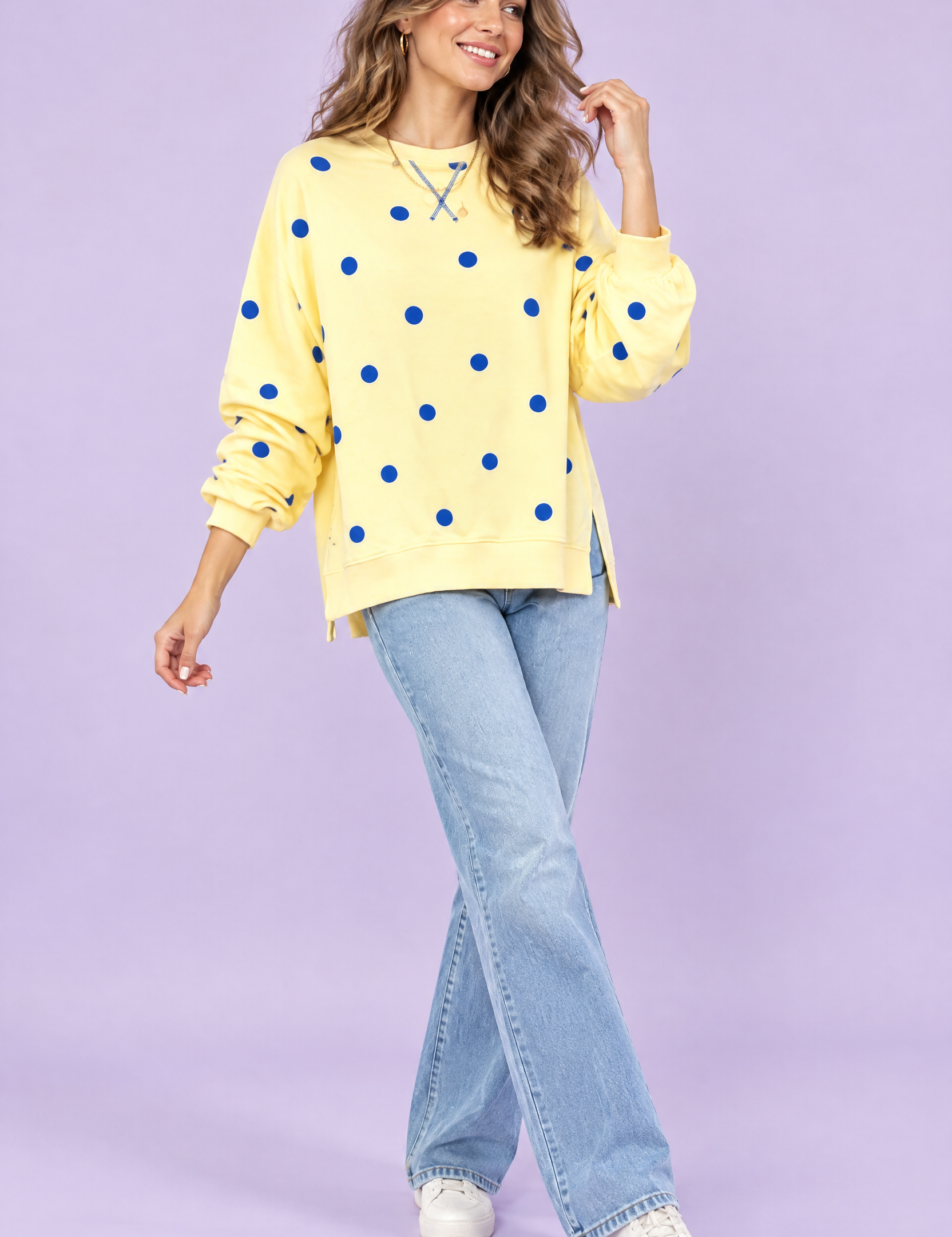 Sweat-shirt oversize jaune à pois | Vue de face | Lounelle Paris