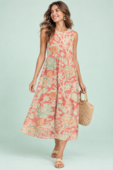 Koraalkleurige midi-jurk met bloemenprint