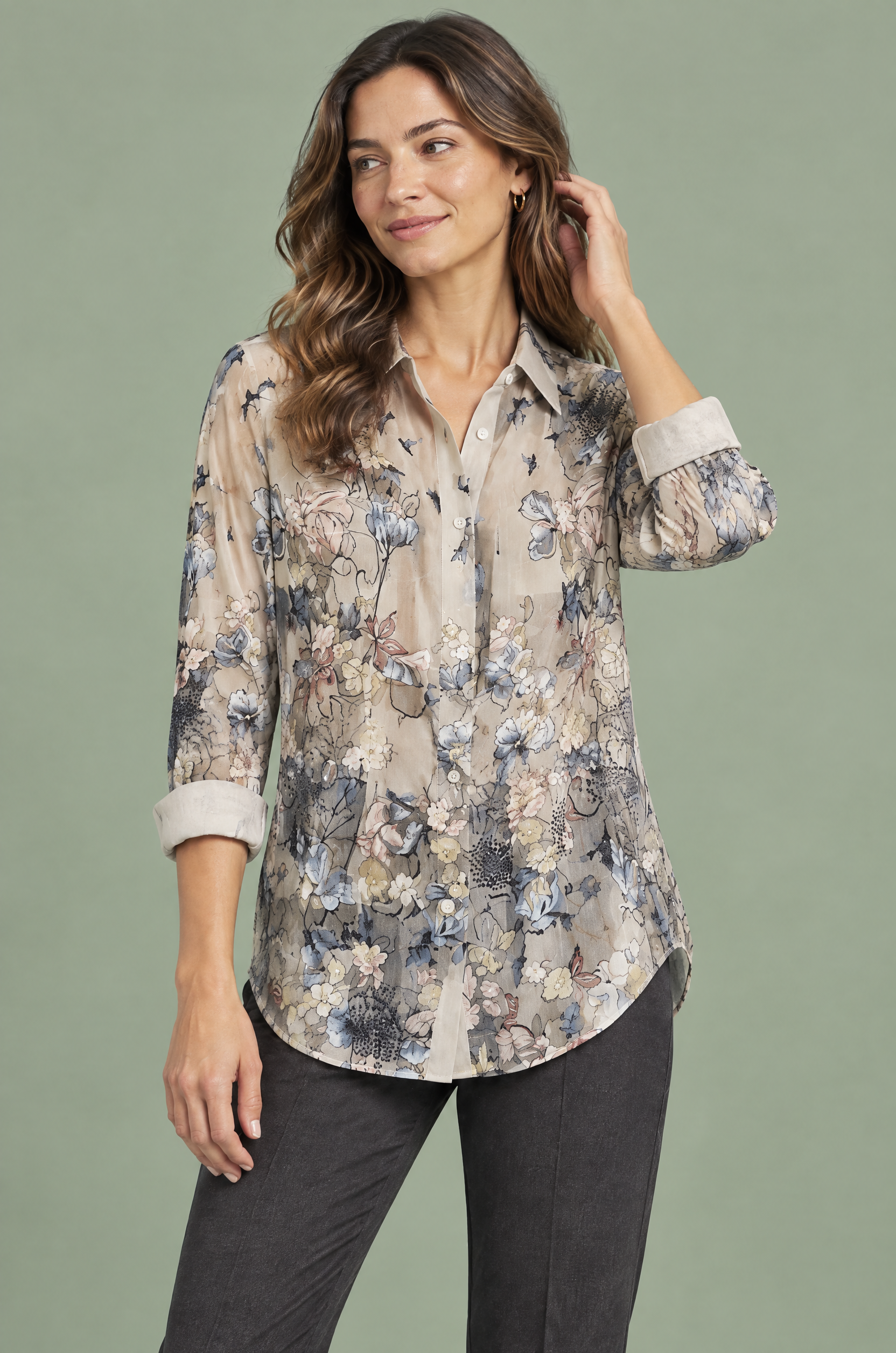 Chemise beige à imprimé floral | Vue rapprochée | Lounelle Paris