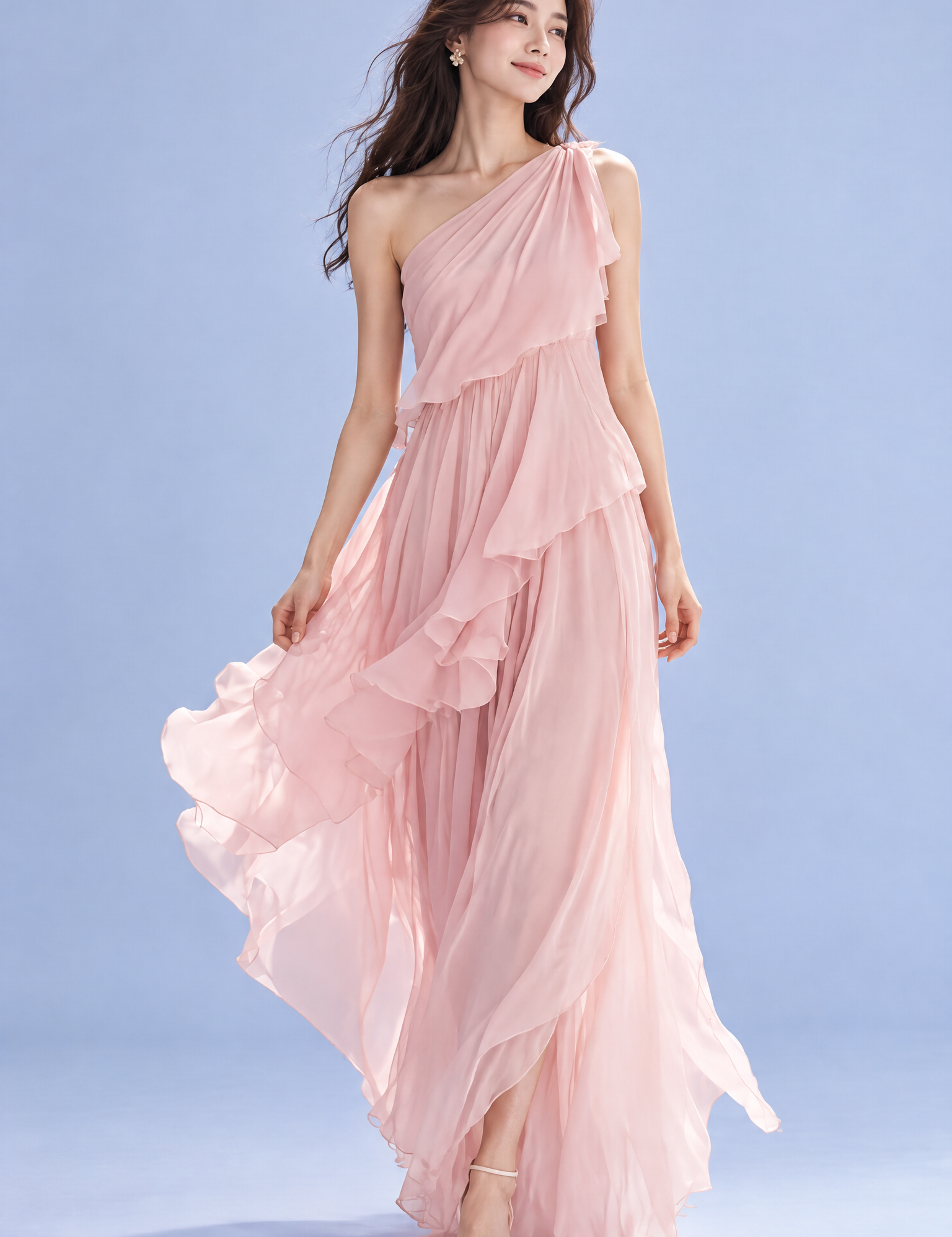 Robe rose clair asymétrique à volants | Vue de face | Lounelle Paris