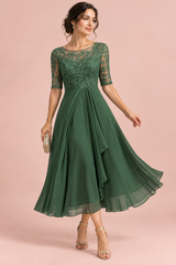 Chiffon midi-jurk met geborduurd lijfje - bosgroen
