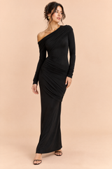 Zwarte maxi-jurk met één schouder, lange mouwen en ruches