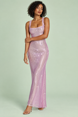 Roze maxi-jurk met vierkante hals en strass