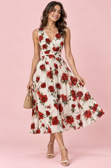 Rode midi-jurk met bloemenboeketprint en vierkante hals