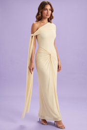 Robe longue moulante froncée asymétrique jaune | Vue de face | Lounelle Paris