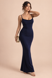 Robe longue bleu marine dos nu à col bénitier | Vue de face | Lounelle Paris