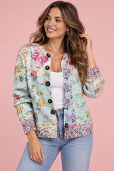 Blauw vest met bloemenprint en knopen